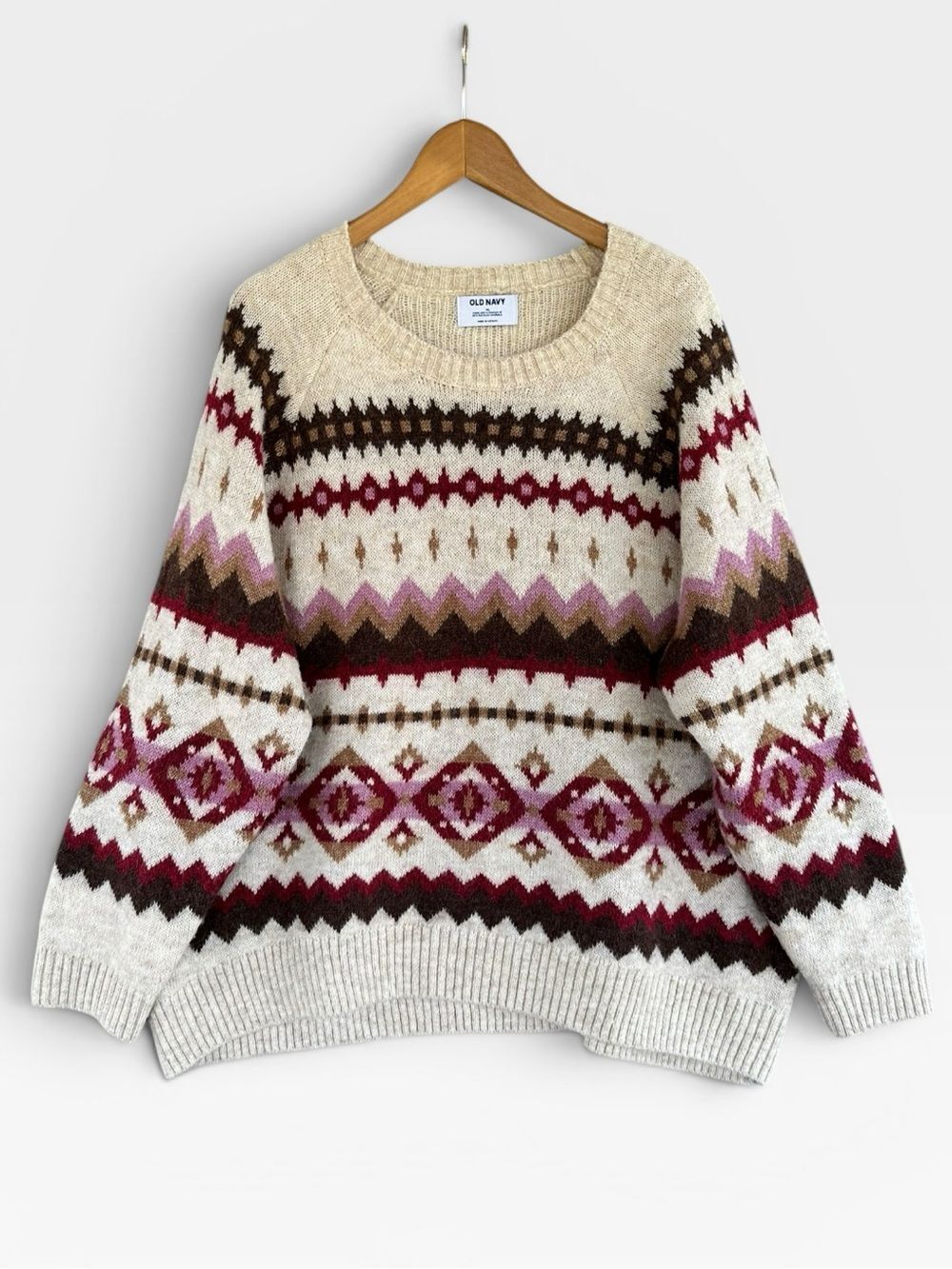 🎉3 For $20🎉Old Navy Cream Fair Isle Crewneck Sweater - Red & Brown Pattern